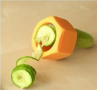 Yellow and green spiral vegetable cutter made from food-grade ABS plastic for cucumbers