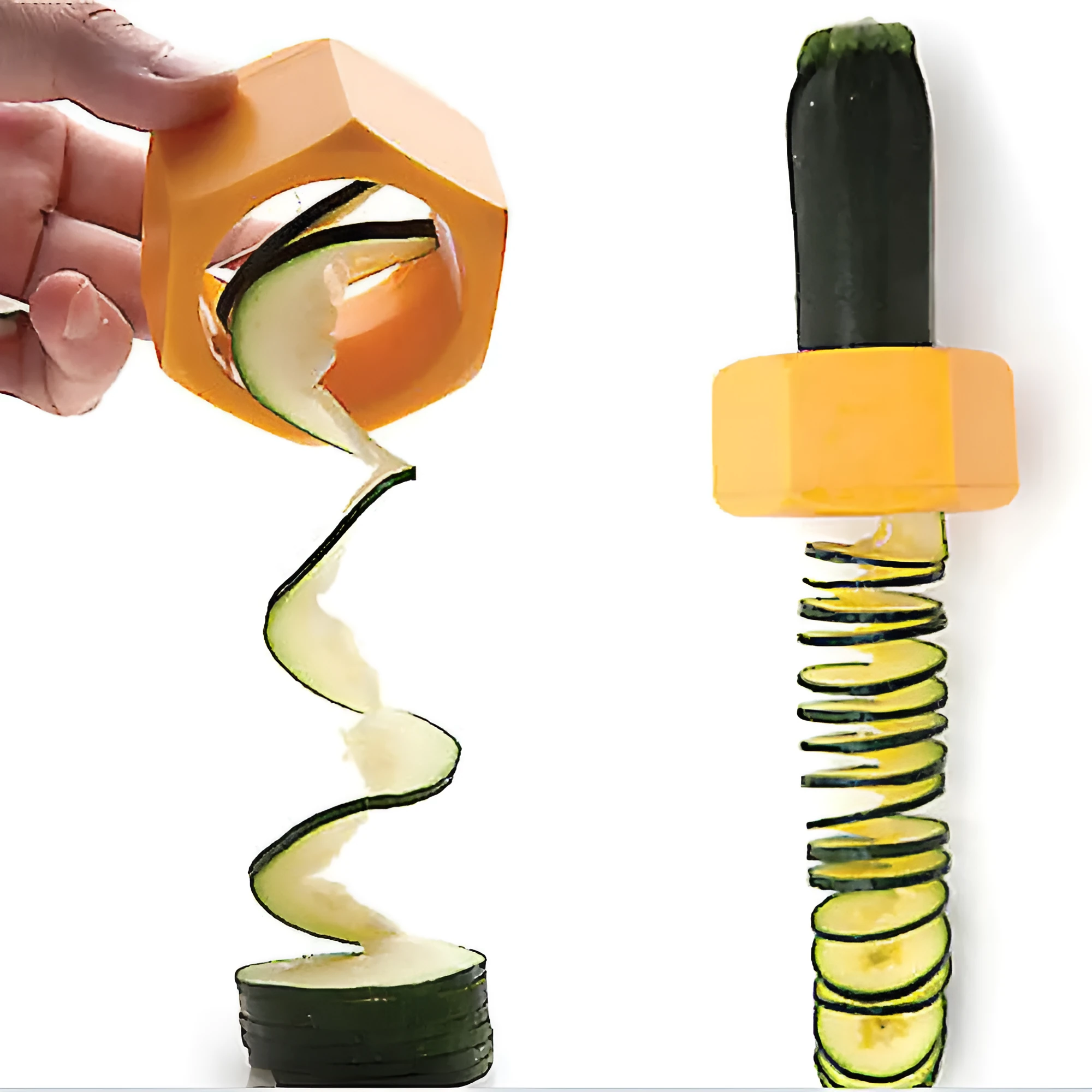 Yellow and green spiral vegetable cutter made from food-grade ABS plastic for cucumbers