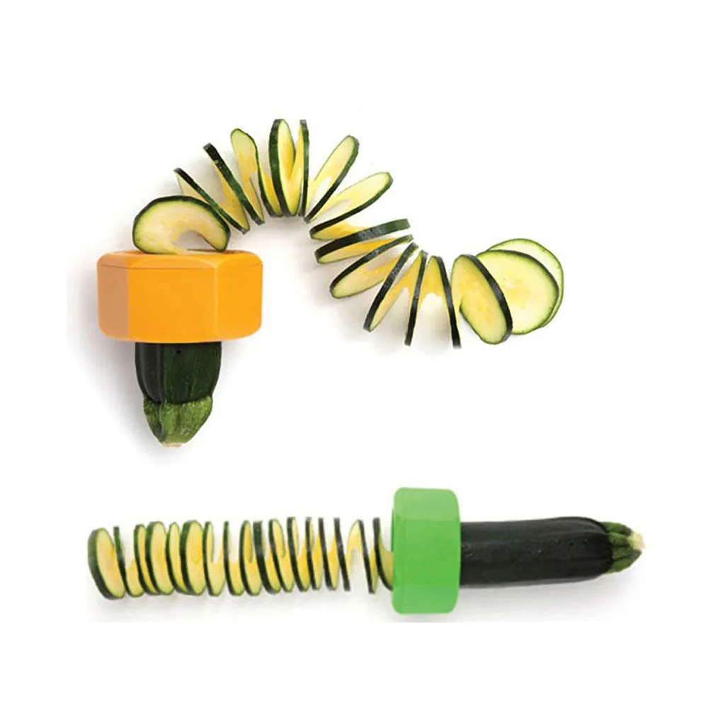Yellow and green spiral vegetable cutter made from food-grade ABS plastic for cucumbers