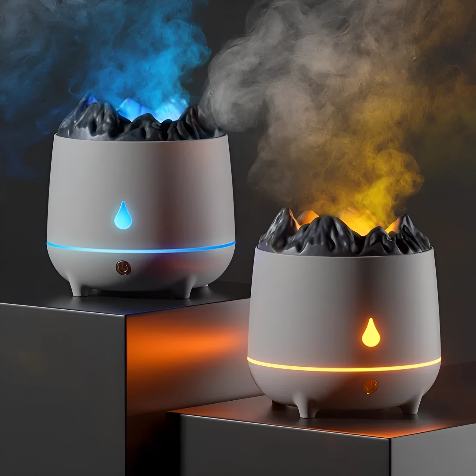 Round black volcano-shaped ultrasonic humidifier and aromatherapy diffuser with USB cable
