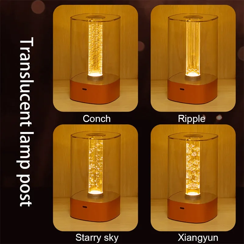 Rose gold touch-control LED bedside lamp with decorative conch pattern and USB charging cable