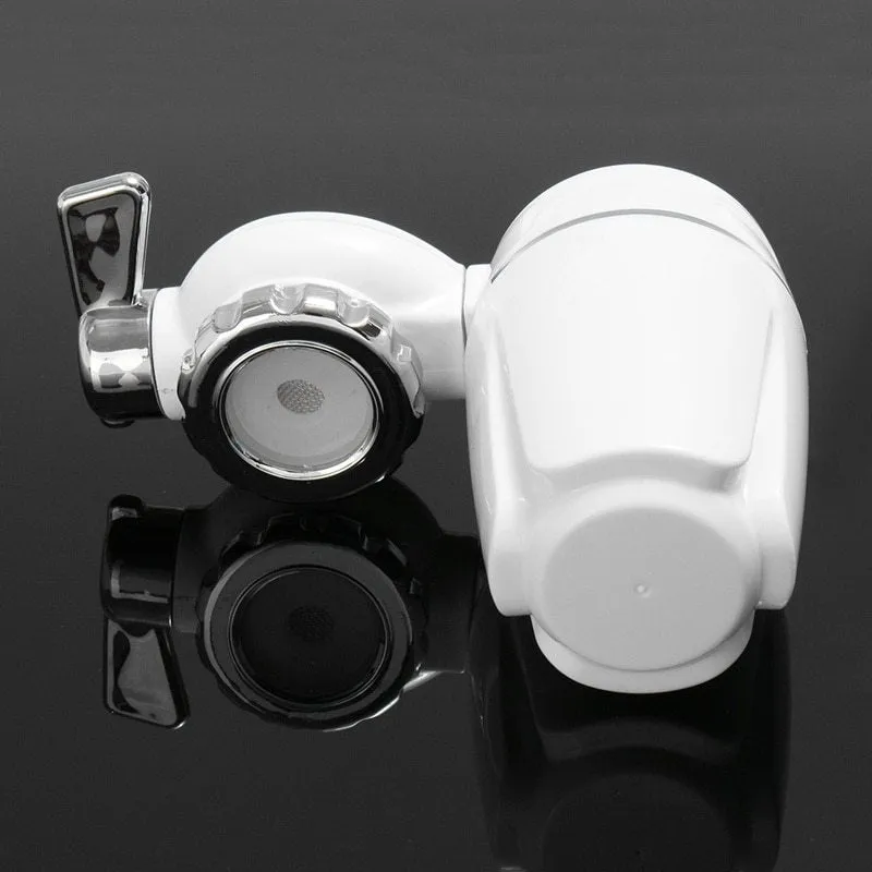 White plastic kitchen tap water filter with ceramic cartridge and universal screw thread adapters