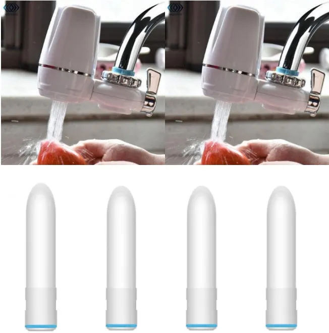 White plastic kitchen tap water filter with ceramic cartridge and universal screw thread adapters