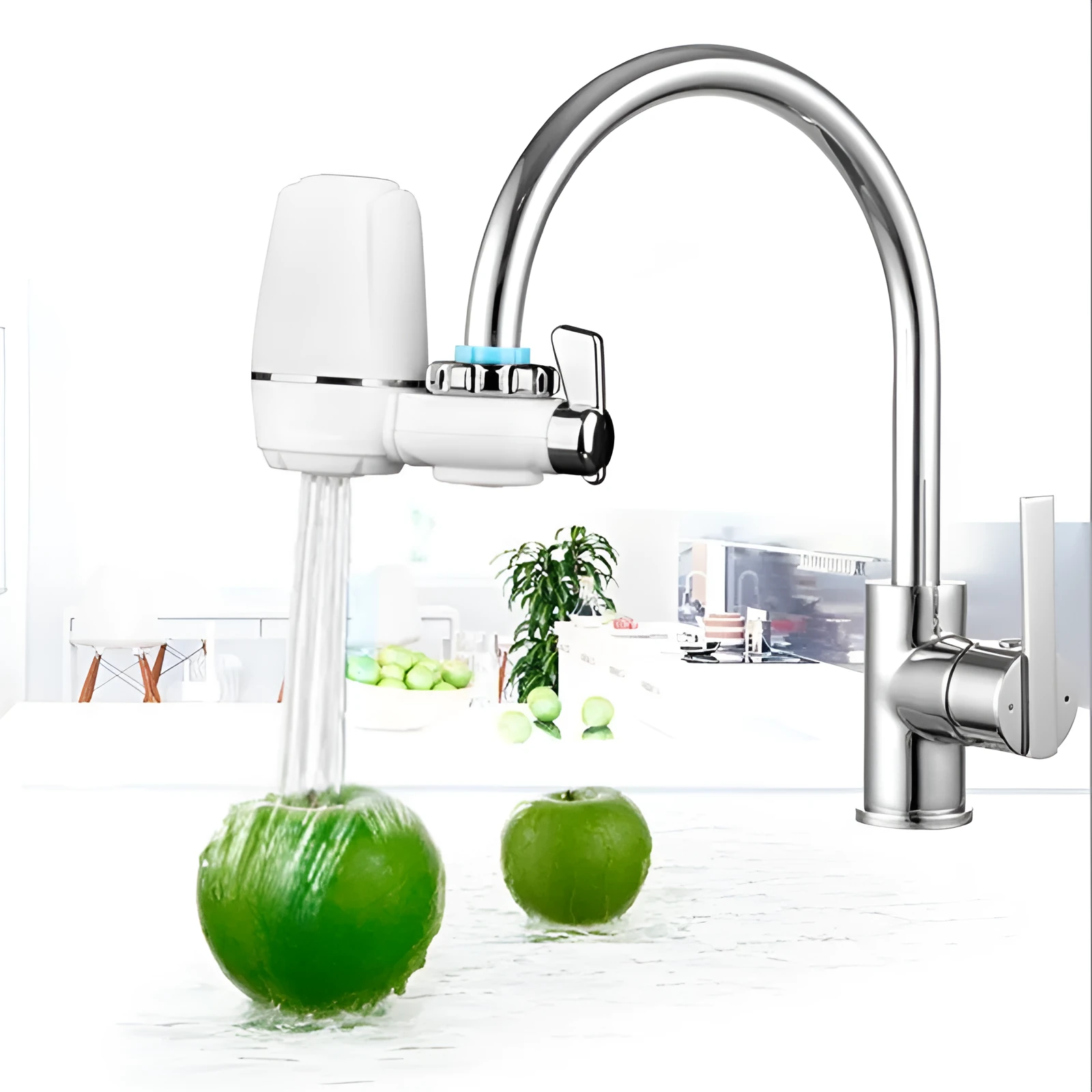 White plastic kitchen tap water filter with ceramic cartridge and universal screw thread adapters