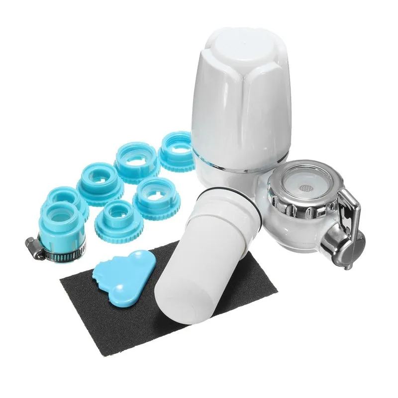 White plastic kitchen tap water filter with ceramic cartridge and universal screw thread adapters