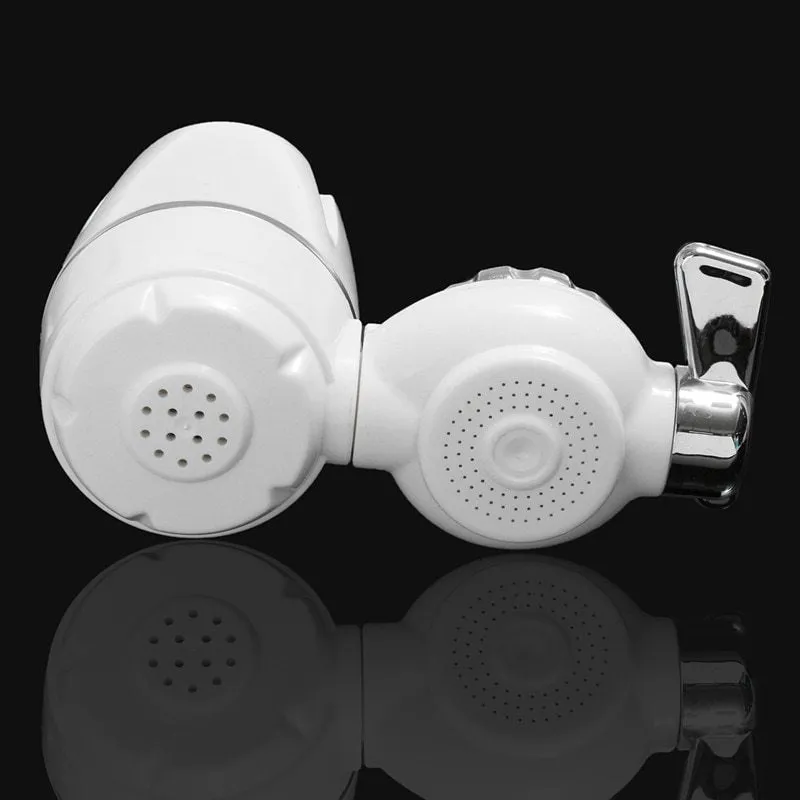White plastic kitchen tap water filter with ceramic cartridge and universal screw thread adapters