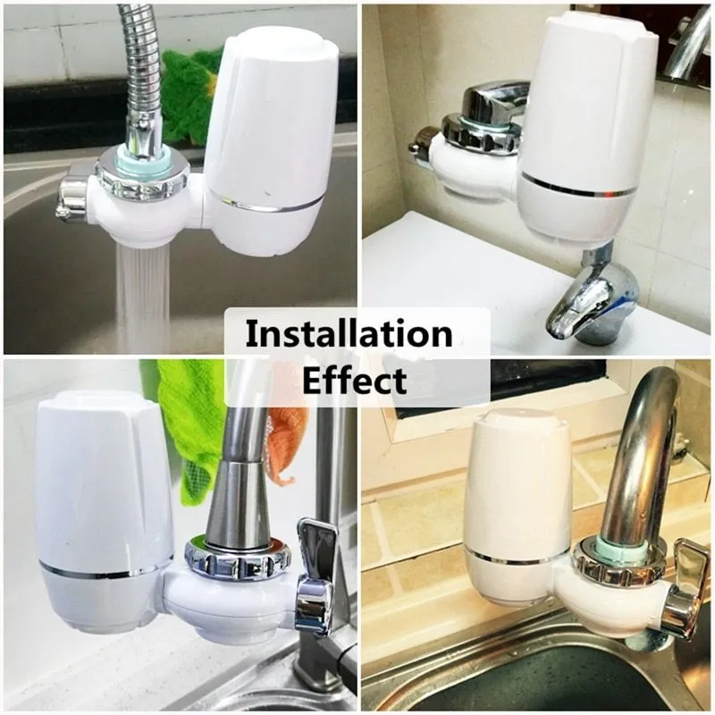 White plastic kitchen tap water filter with ceramic cartridge and universal screw thread adapters
