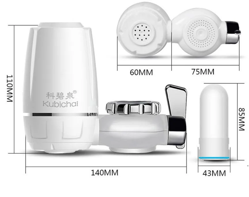 White plastic kitchen tap water filter with ceramic cartridge and universal screw thread adapters