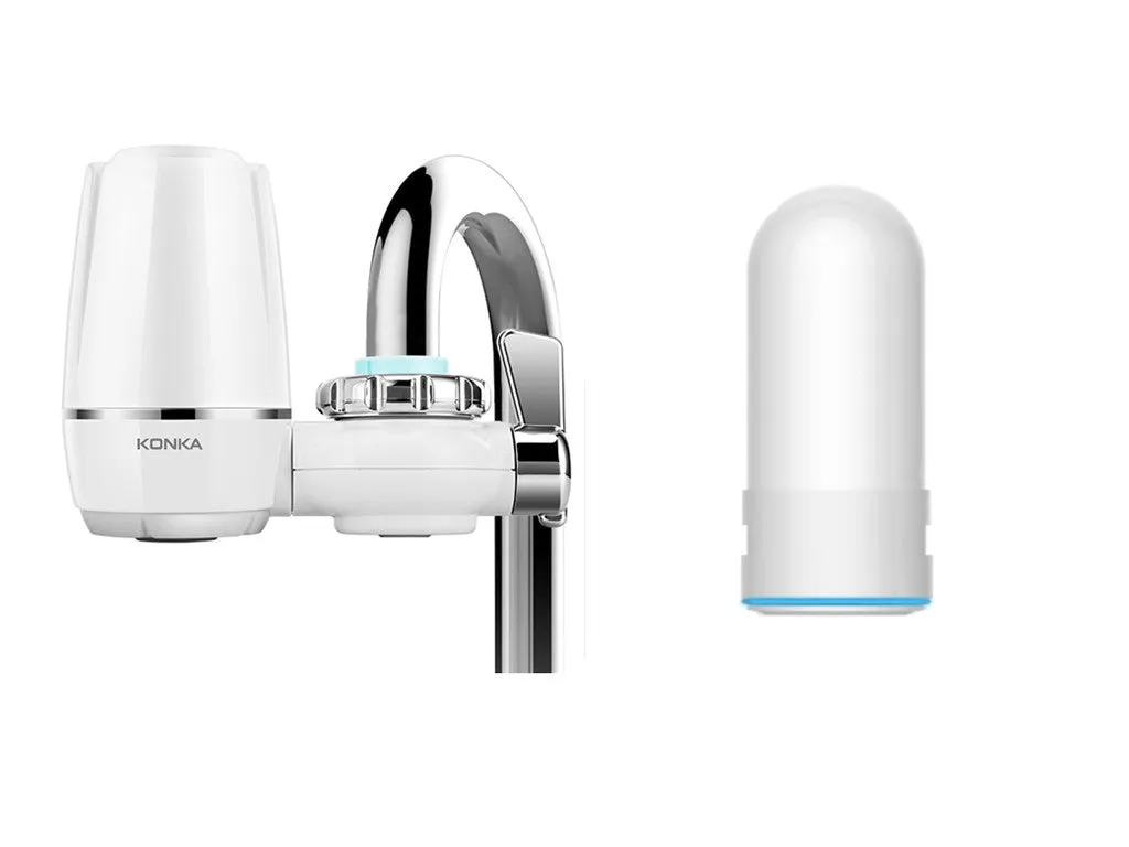 White plastic kitchen tap water filter with ceramic cartridge and universal screw thread adapters