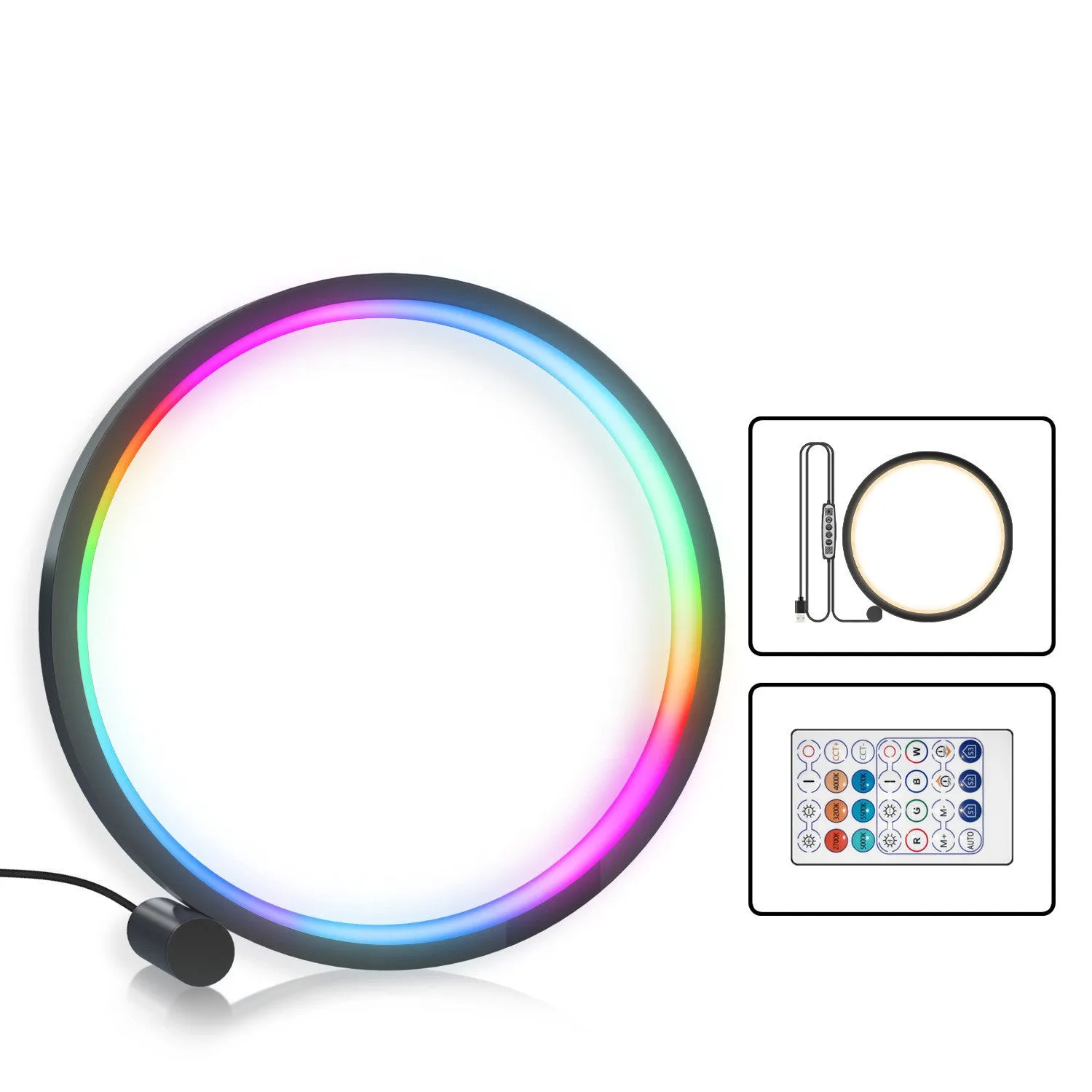 Smart aluminium LED light with colourful music rhythm induction, showing remote and app control.