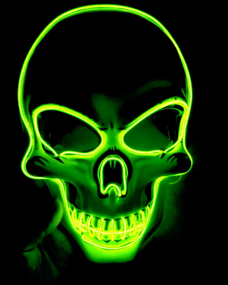 LED glow skeleton mask with flashing lights in multiple colours, showing eye, nose and mouth openings