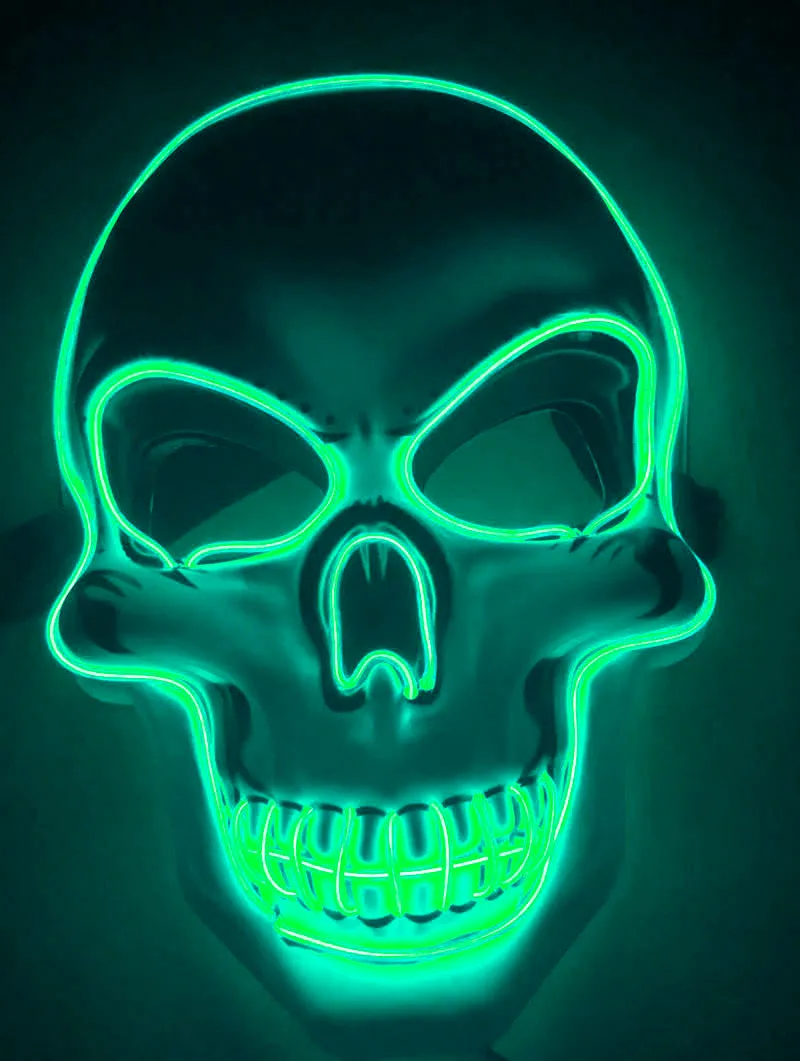 LED glow skeleton mask with flashing lights in multiple colours, showing eye, nose and mouth openings