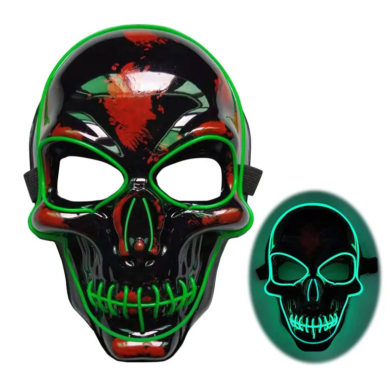 LED glow skeleton mask with flashing lights in multiple colours, showing eye, nose and mouth openings