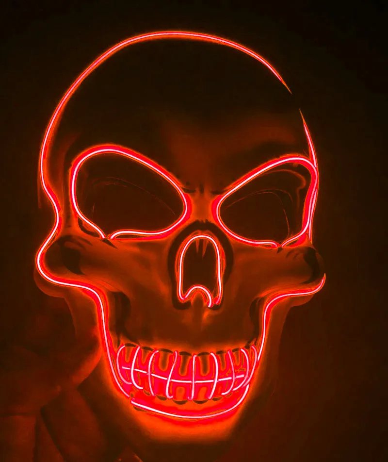 LED glow skeleton mask with flashing lights in multiple colours, showing eye, nose and mouth openings