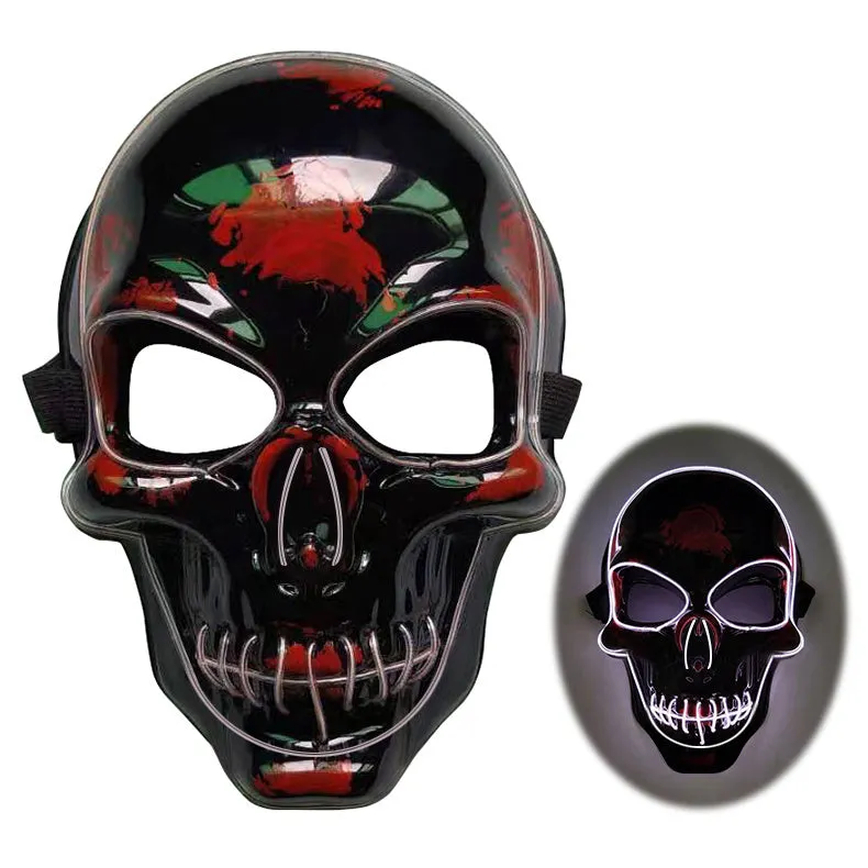 LED glow skeleton mask with flashing lights in multiple colours, showing eye, nose and mouth openings