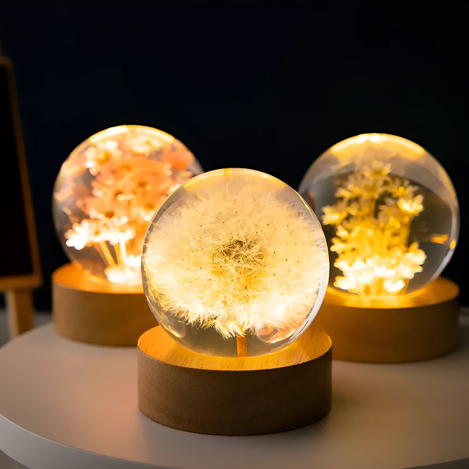 3D Dandelion Crystal Ball desktop ornament on beech wood base with USB cable