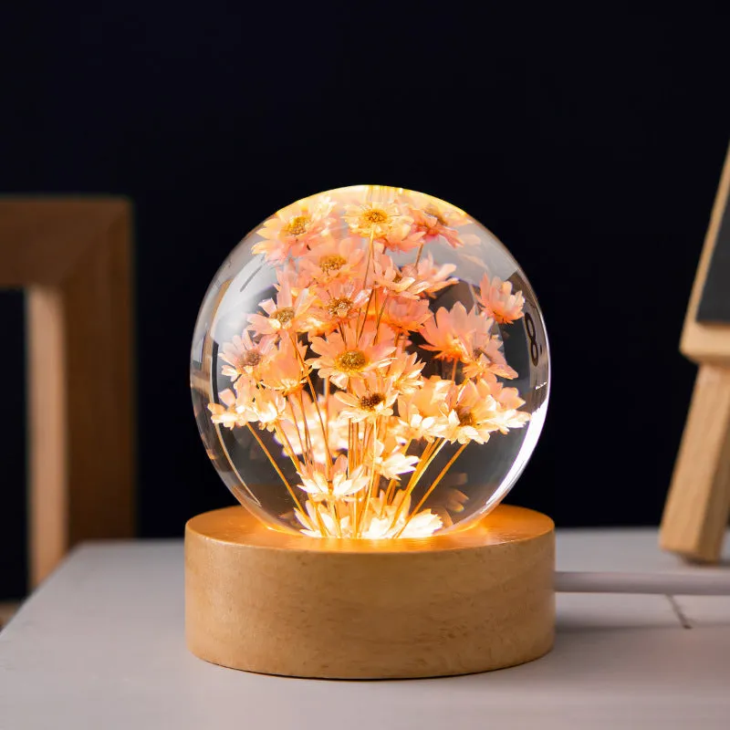 3D Dandelion Crystal Ball desktop ornament on beech wood base with USB cable