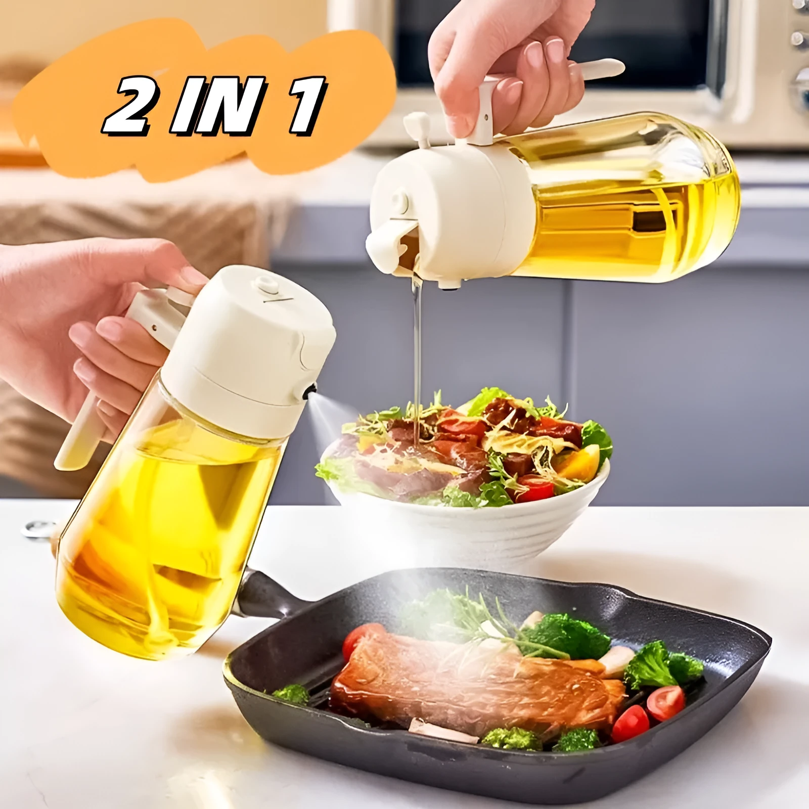 Glass olive oil sprayer dispenser with 470ml capacity and dual-function nozzle