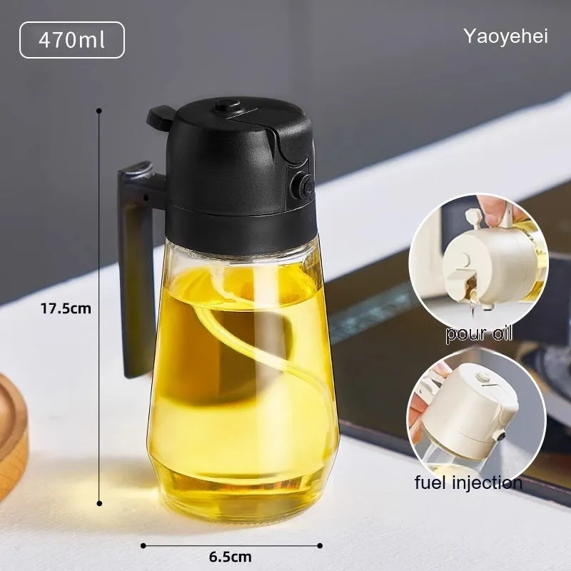 Glass olive oil sprayer dispenser with 470ml capacity and dual-function nozzle