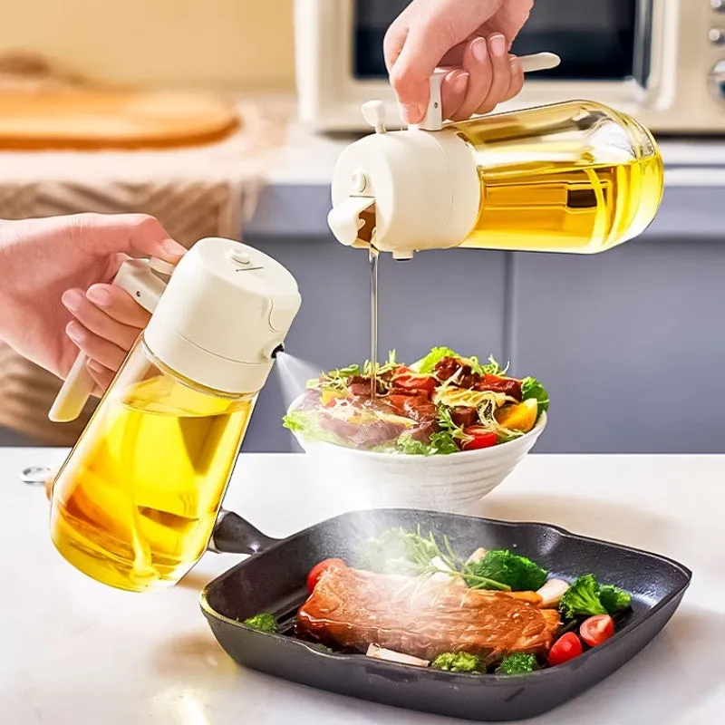 Glass olive oil sprayer dispenser with 470ml capacity and dual-function nozzle