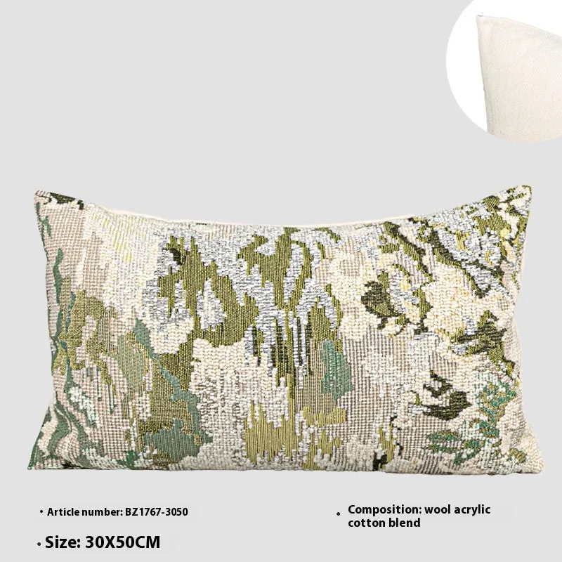 Antique green wool blended pillowcase with abstract spring flowers pattern, shown in square and bolster sizes.