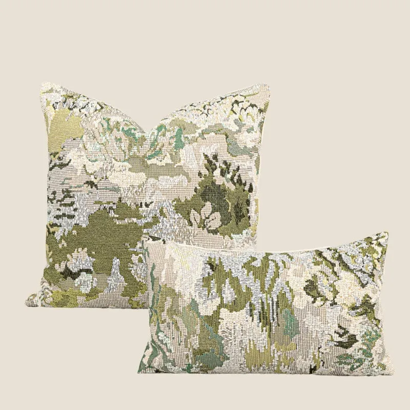 Antique green wool blended pillowcase with abstract spring flowers pattern, shown in square and bolster sizes.