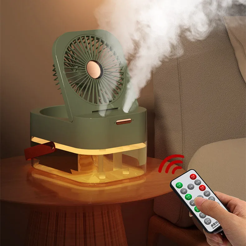 Pearl white desktop humidifier cooling fan with water tank, remote control, and night light on a wooden desk.