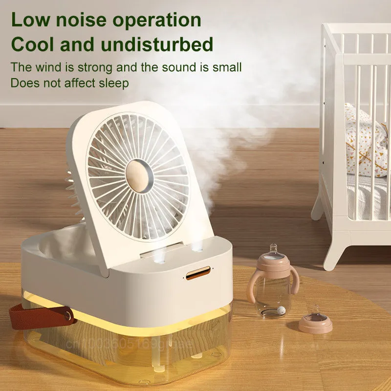 Pearl white desktop humidifier cooling fan with water tank, remote control, and night light on a wooden desk.