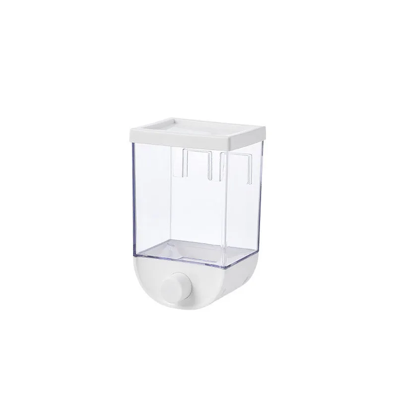 White transparent kitchen food storage box with easy press cereal dispenser lid.