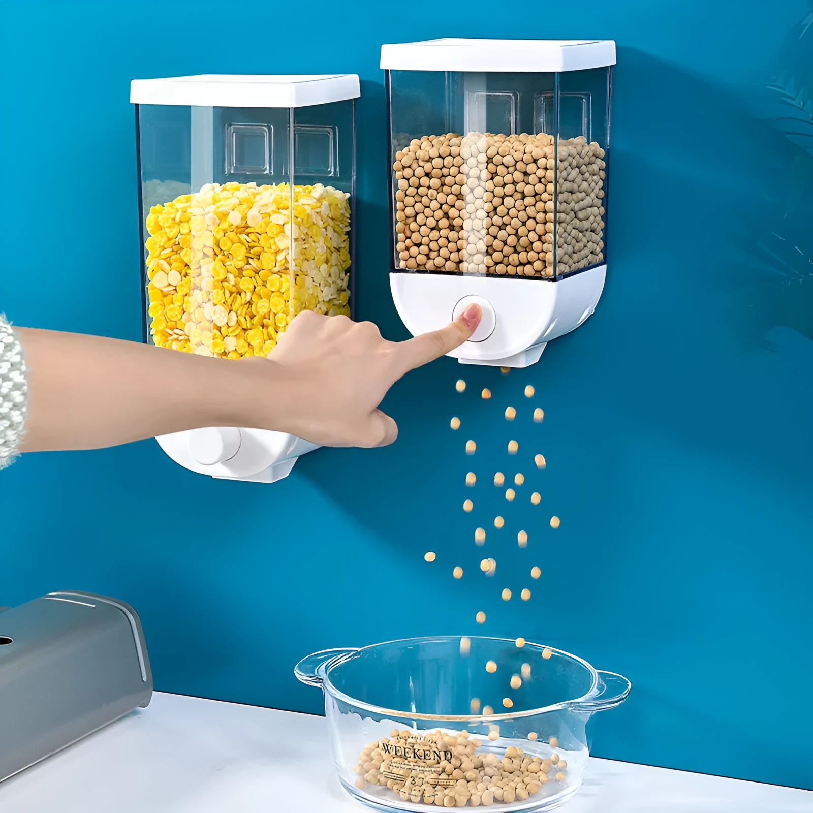 White transparent kitchen food storage box with easy press cereal dispenser lid.