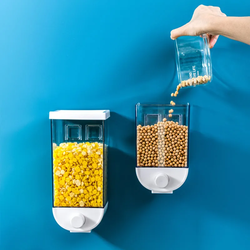 White transparent kitchen food storage box with easy press cereal dispenser lid.