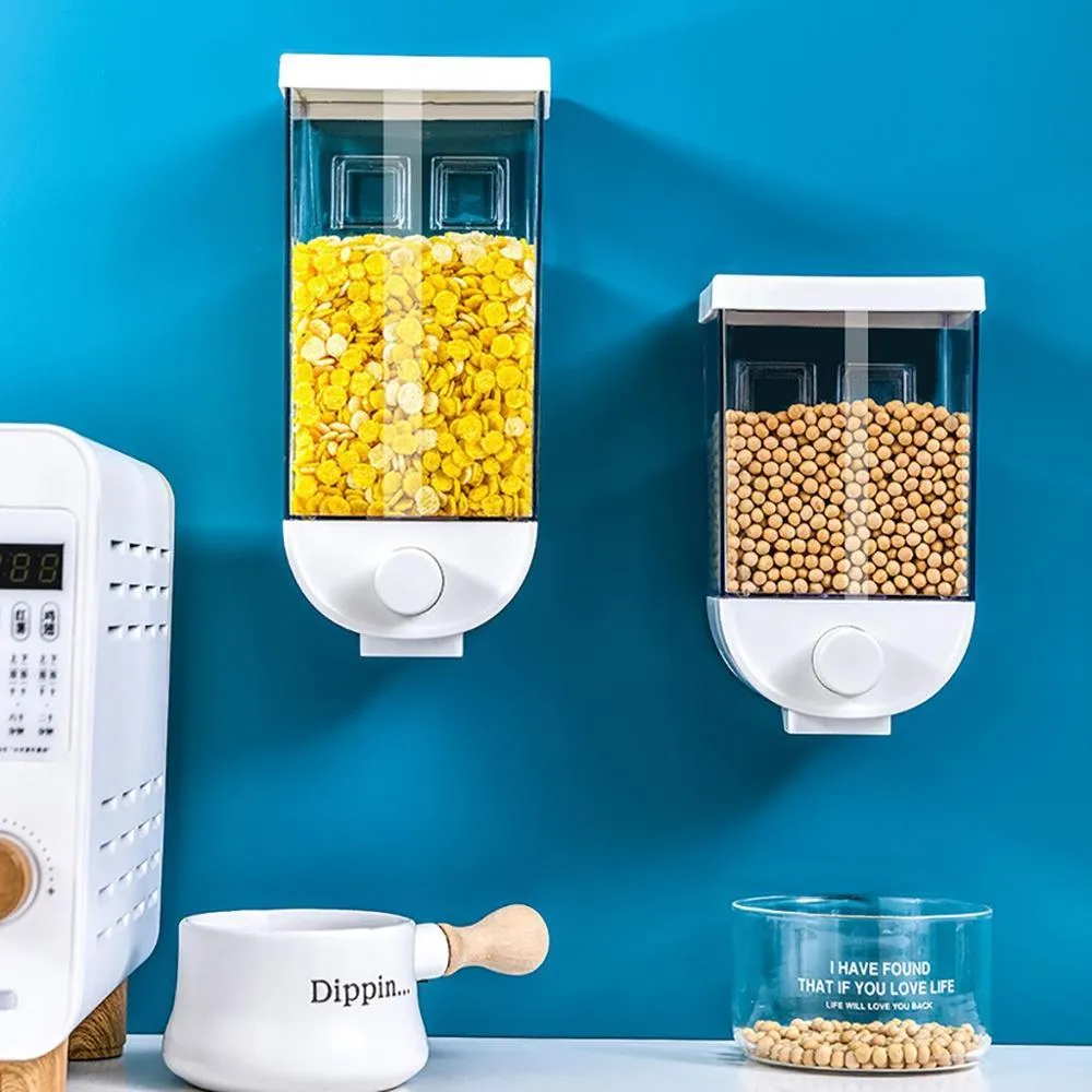 White transparent kitchen food storage box with easy press cereal dispenser lid.