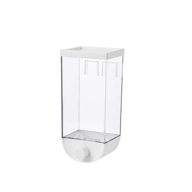 White transparent kitchen food storage box with easy press cereal dispenser lid.