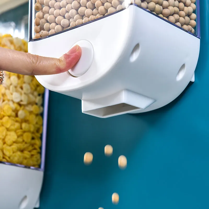 White transparent kitchen food storage box with easy press cereal dispenser lid.