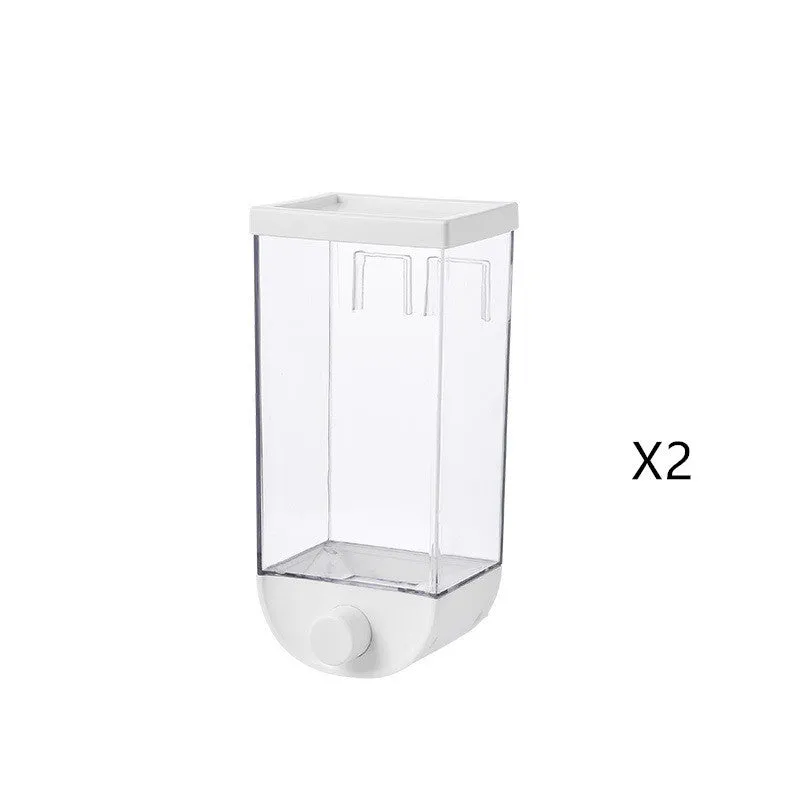White transparent kitchen food storage box with easy press cereal dispenser lid.