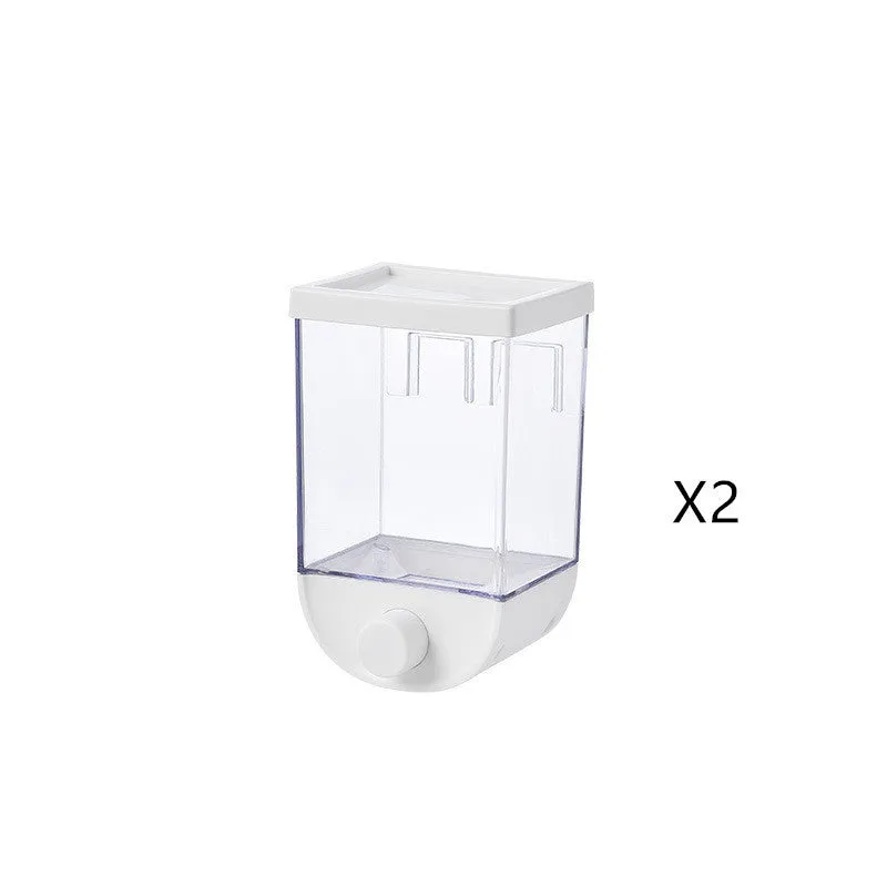 White transparent kitchen food storage box with easy press cereal dispenser lid.