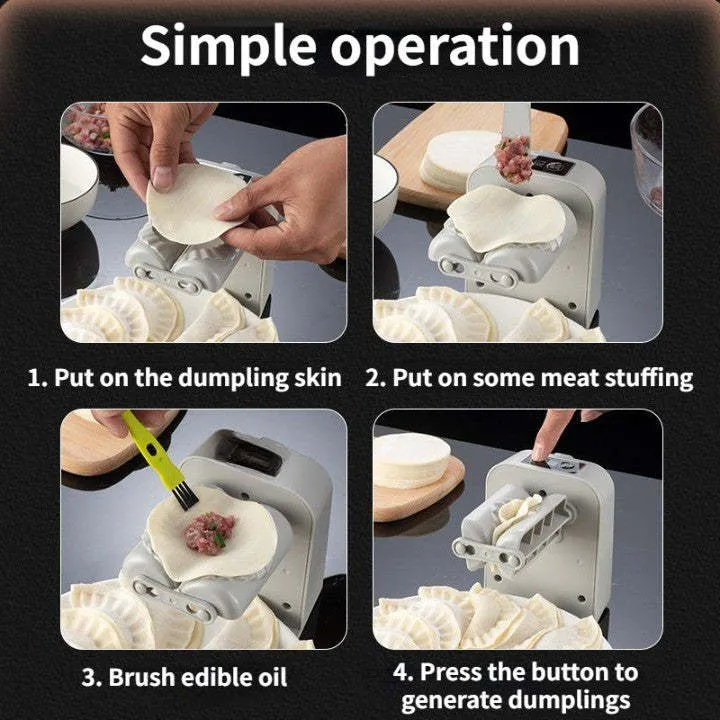 White automatic electric dumpling maker machine with USB cable on a kitchen counter.