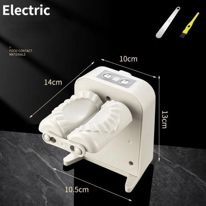 White automatic electric dumpling maker machine with USB cable on a kitchen counter.