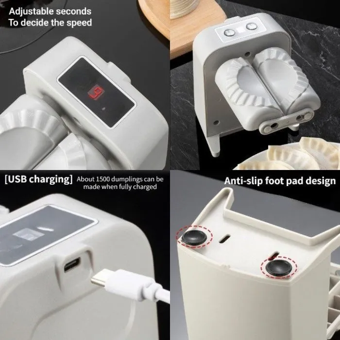 White automatic electric dumpling maker machine with USB cable on a kitchen counter.