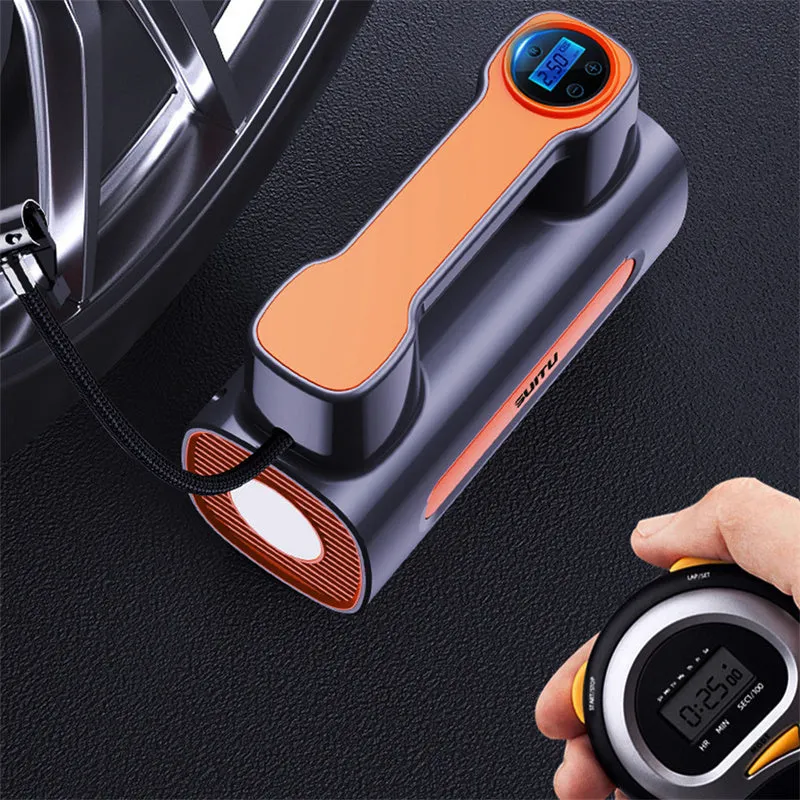 Black portable cordless tyre inflator with digital LCD screen on a grey background
