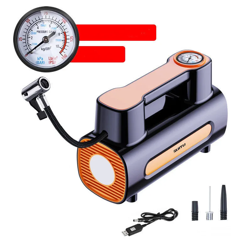 Black portable cordless tyre inflator with digital LCD screen on a grey background