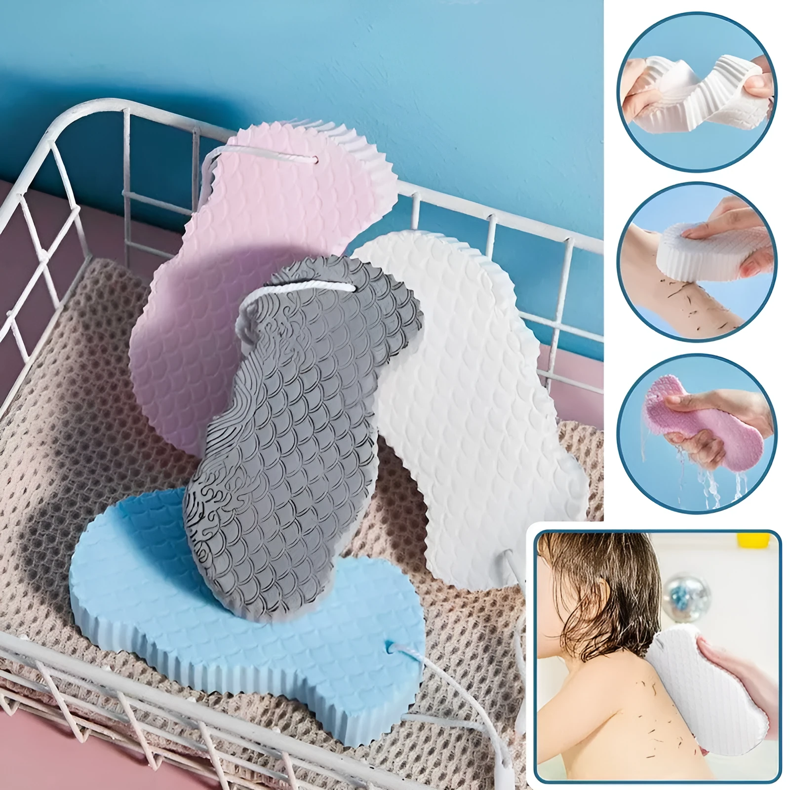 White 3D fish scale pattern bath sponge ball for gentle body exfoliation in the shower.