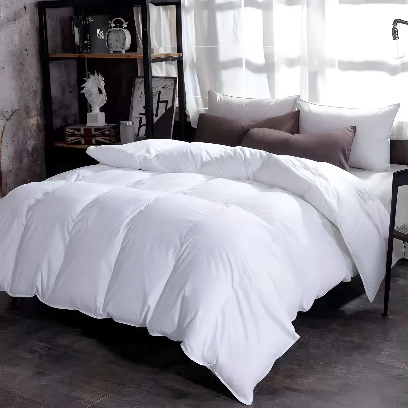 Goose down winter duvet in pink colour on a bed, showing twill weave fabric texture.