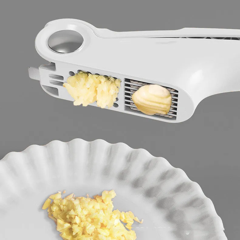 Manual garlic press with stainless steel head and coloured ABS plastic handles