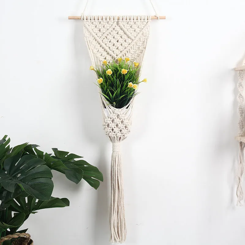 White woven cotton flower basket wall decoration with rectangular grid pattern measuring 30x70cm