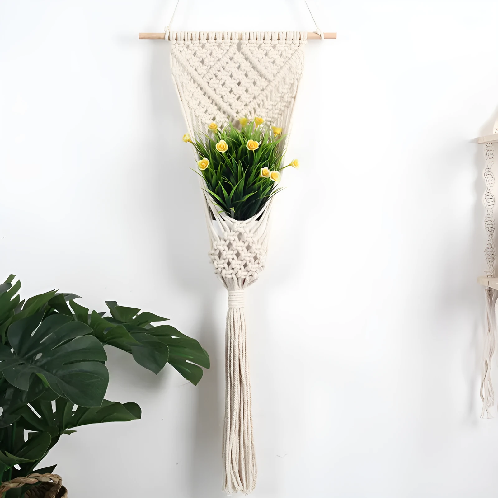 White woven cotton flower basket wall decoration with rectangular grid pattern measuring 30x70cm