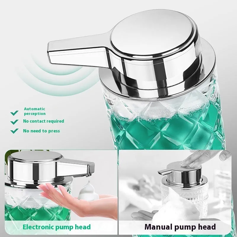 Silver automatic soap dispenser with sensor and Type-C charging port on a bathroom counter.