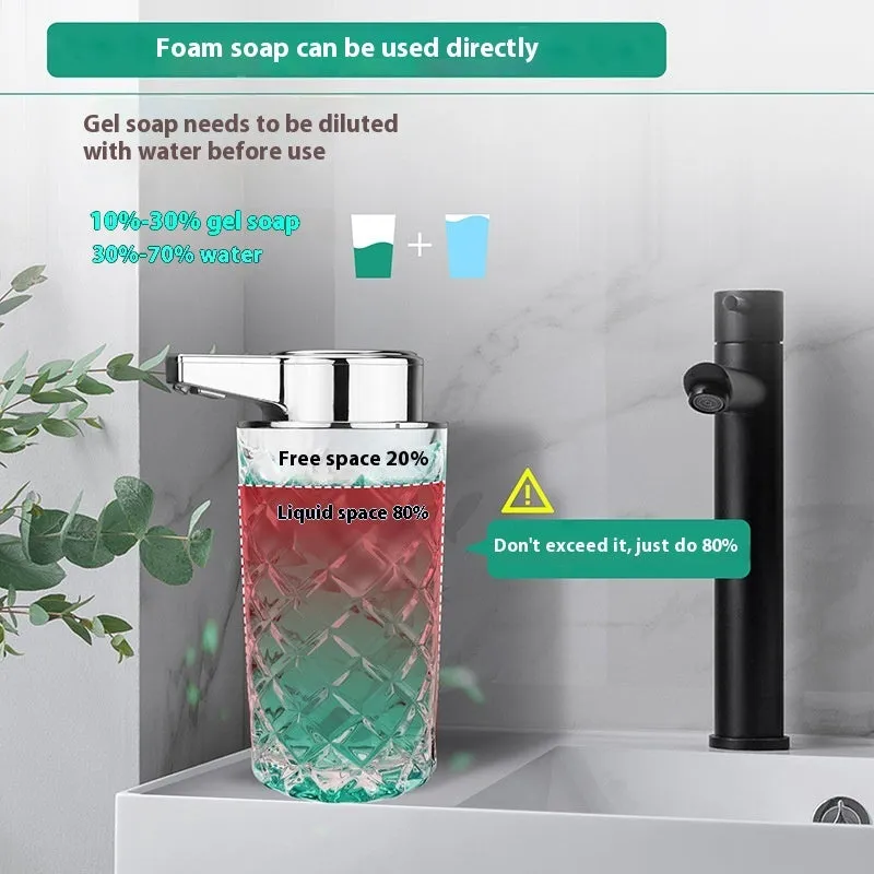 Silver automatic soap dispenser with sensor and Type-C charging port on a bathroom counter.