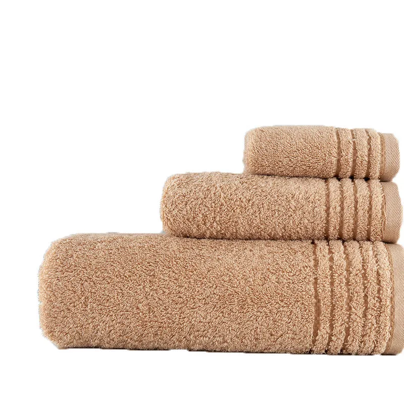 Beige and brown cotton towel set showing small, hand, and bath towel sizes.