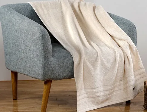 Beige and brown cotton towel set showing small, hand, and bath towel sizes.